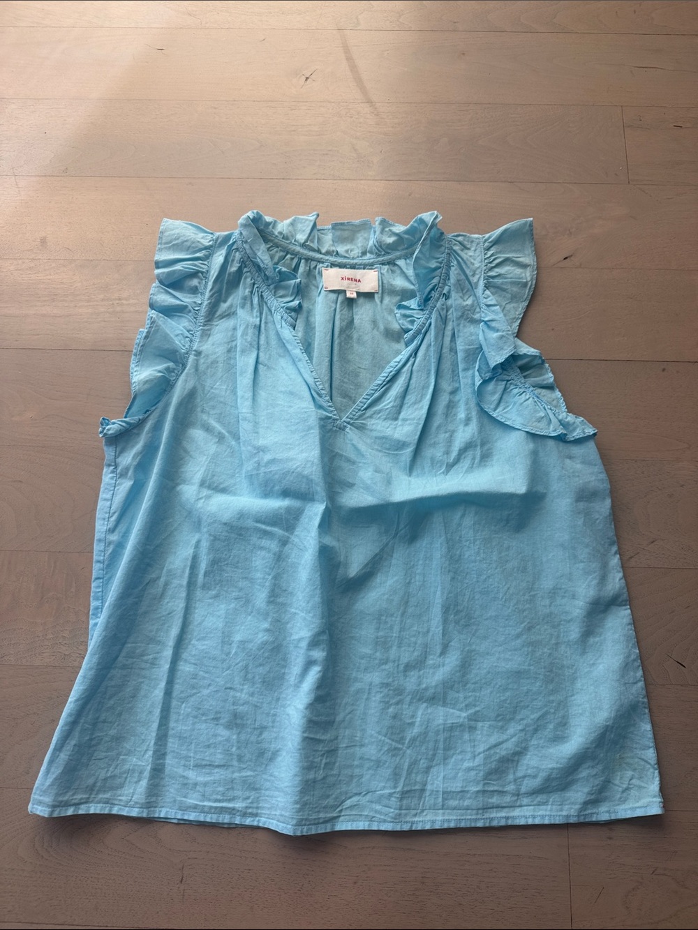 XiRENA Sky Blue Ruffle Sleeve V-Neck Camisole (faint stain in lower left corner)
